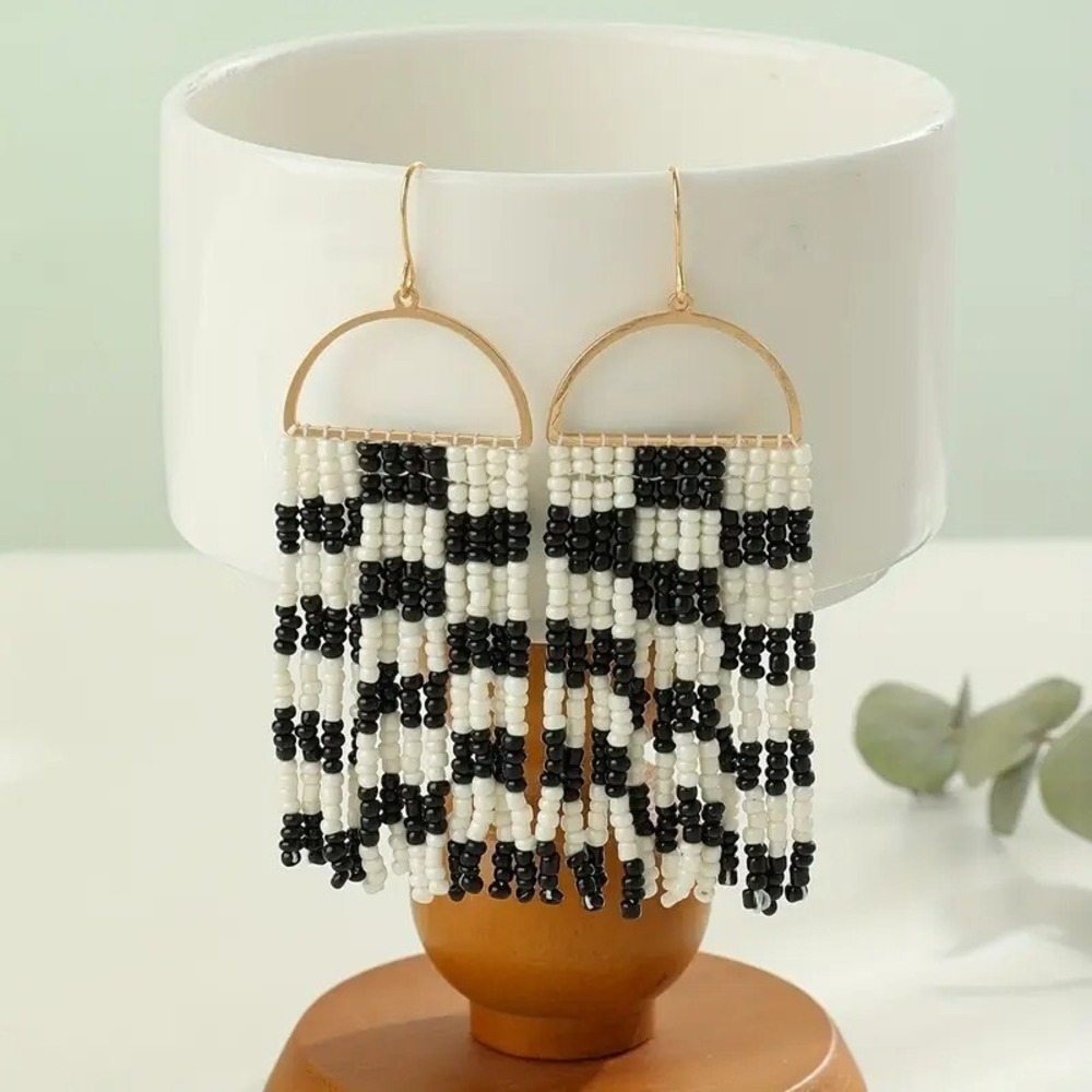 Beaded Dangle Earrings Checkerboard Fringe Statement Earrings Bohemian Jewelry‎